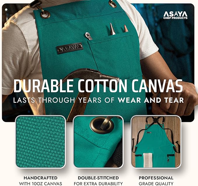 Asaya Chef and BBQ Apron with Bottle Opener and Hand Towel - 10oz Cotton Canvas, Stainless Steel Hardware - Cross Back Straps