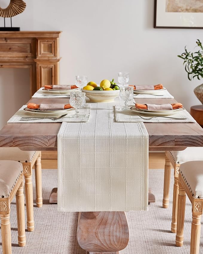 ZeeMart Linen Checked Placemats Set of 6, Plaid Embroidery Textured Table Mats, Double Layer Thick Farmhouse Rustic Place Mats for Kitchen Dining Table Home Decor, Ivory 13x19 Inch