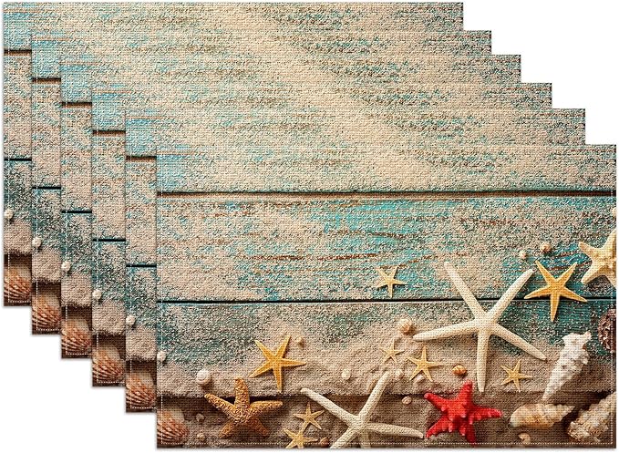Beach Starfish Placemats Set of 6, Nautical Seashell Linen Place Mat Washable Stain Resistant Table Mats for Farmhouse Kitchen Dining Party Wedding Decor 12x18 Inch