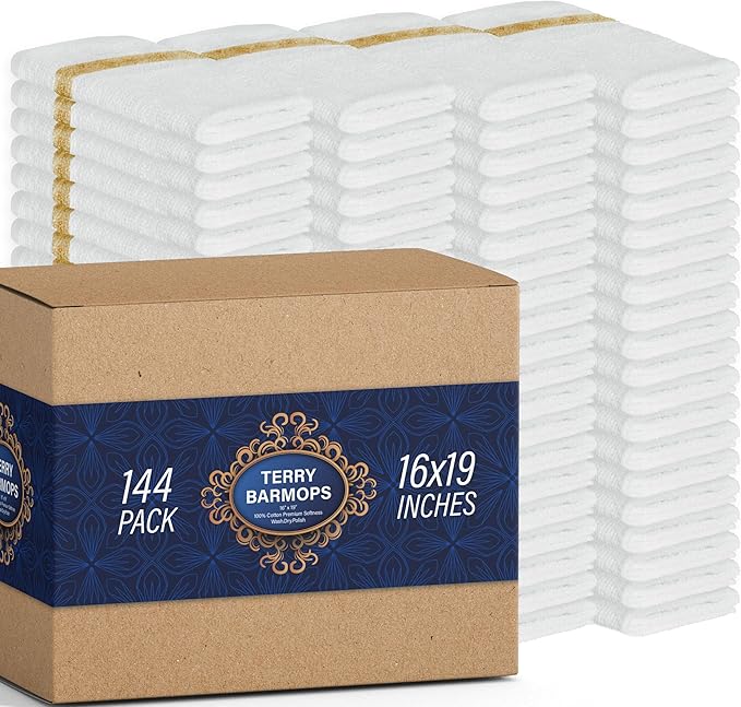 GREEN LIFESTYLE Terry Bar Mops 16" x 19" 144 Pack - 30 oz Cotton Bar Towels, Commercial Cleaning Rags, Heavy Duty Kitchen Towels for Restaurant, Food Service (White with Gold Stripe)