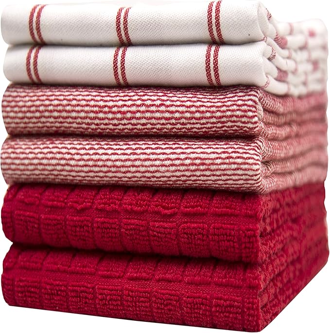 Premium Kitchen Towels (20”x 28”, 6 Pack) | Large Cotton Dish Towels | Flat & Terry Highly Absorbent Kitchen Linen Set with Hanging Loop | Red Check