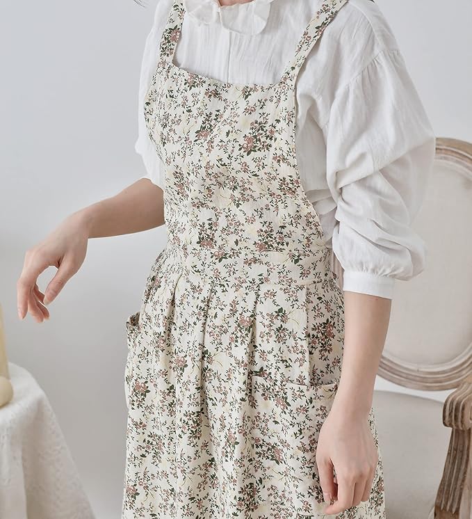 Floral Cotton Waterproof Adult Kitchen Apron Adjustable Cooking Baking Garden Chef Apron with Pocket