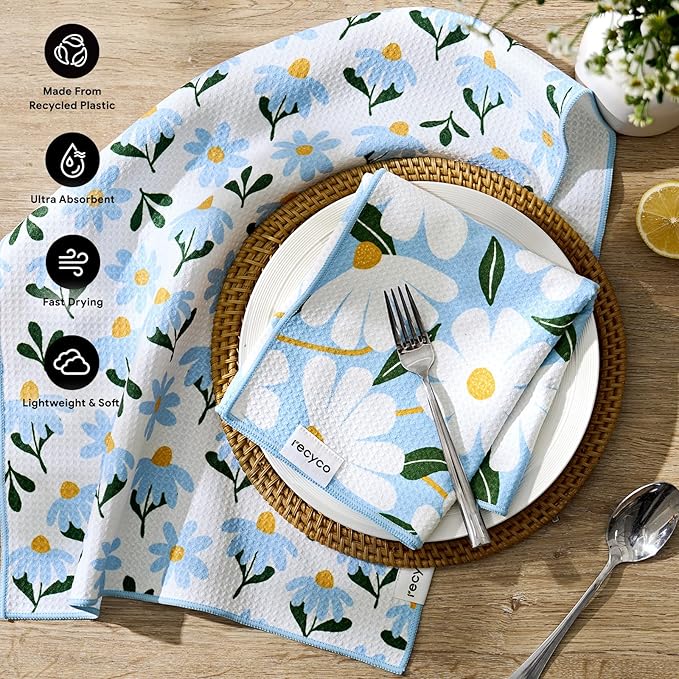 RECYCO Waffle Kitchen Towel Set of 2 - Quick Dry Microfiber Sustainable Dish Towels - Ultra Absorbent Reusable Cleaning Tea Towels - Lightweight Hand Towels,16”x 28”, Daisy Dreams