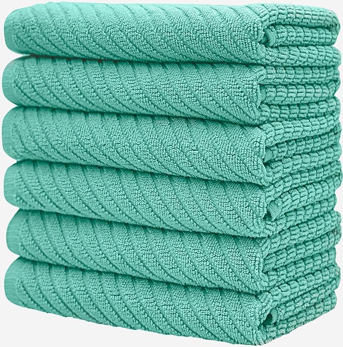 Premium Kitchen Towels (16”x 25”, 6 Pack) | Large Cotton Kitchen Hand Towels | Dish Towels | Diagonal Weave Design | 445 GSM Highly Absorbent Tea Towels Set with Hanging Loop | Aqua