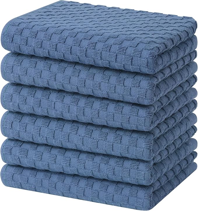 Homaxy 100% Cotton Terry Kitchen Towels(15" x 25", 6 Pack), Soft and Super Absorbent Dish Towels, 380 GSM Reusable Tea Towel with Hanging Loop, Pineapple Grid Designed, Navy Blue