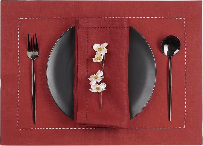 D'Moksha Homes Red Linen Placemats Set of 4 - Classic Hemstitch Placemats 14 x 19 Inch - 100% Pure Linen Table Mats for Mothers Day, Spring - Handcrafted and Machine Washable