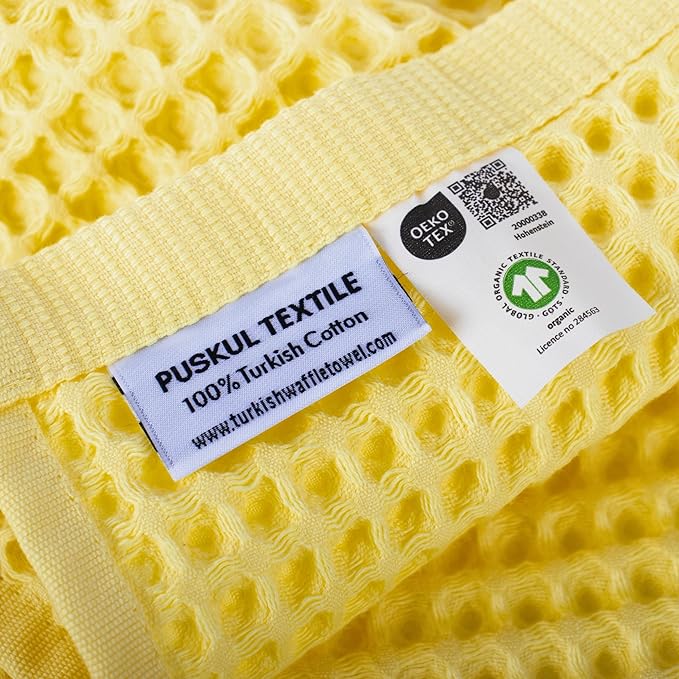 PÜSKÜL Natural 100% Turkish Cotton Waffle Kitchen Towels Set of 3 | Oeko-Tex, Premium Waffle Hand Towels for Bathroom | Soft Absorbent Quick-Dry Lint-Free Dish Towel Large 32x16 inch (3, Light Yellow)