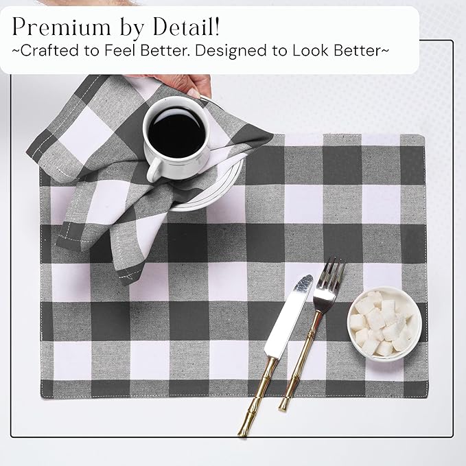 Buffalo Check Cloth Napkins, Set of 4, Soft, Absorbent, Reusable Table Napkins, Checked Napkins for Dinner, Lunch, Wedding, Buffet, Party, Holiday - Grey White (16 x 16 inches)