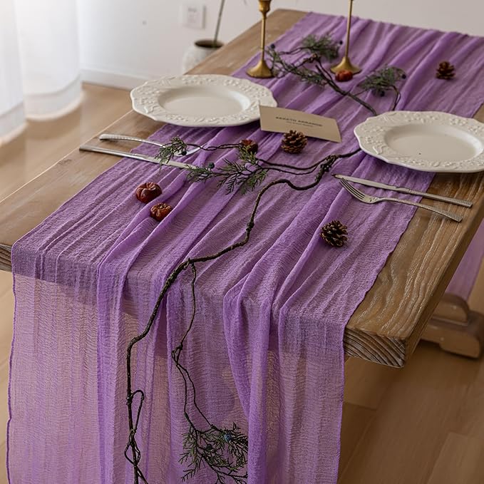 Keketoarrange 3pcs Spring Table Runner Lavender Gauze Rustic Boho Lilac Cheesecloth Grape Table Runner 120 Inch 10 FT for Wedding Baby Bridal Shower Birthday Party Long Sheer Easter Home Decorations