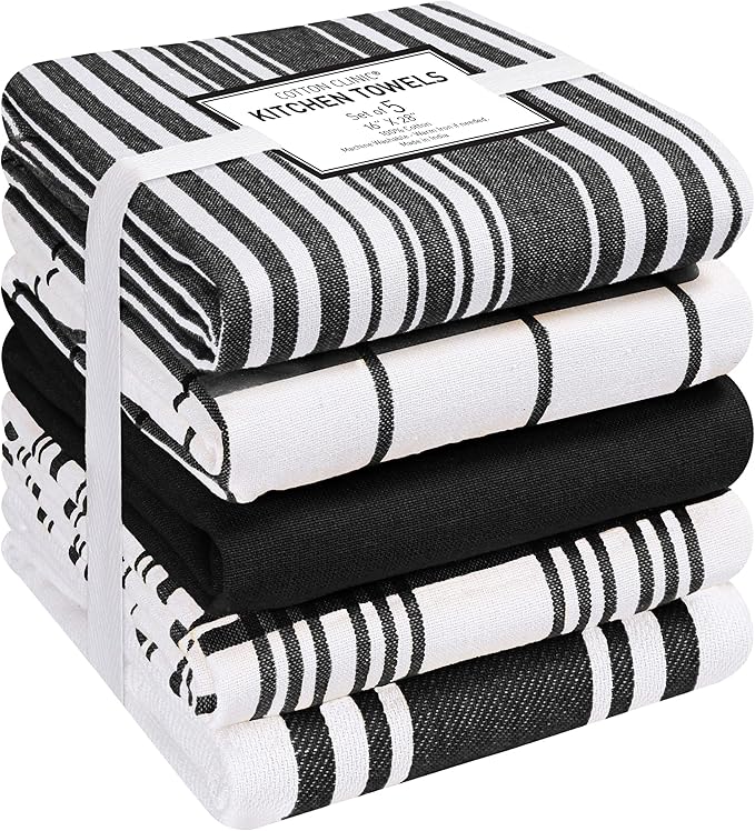 Cotton Clinic Assorted Kitchen Towels 5 Pack – Soft Absorbent Quick Drying Table & Kitchen Linen - Dish Towels, Dish Cloths, Tea Towel and Cleaning Towel with Hanging Loop – 16x28 / Black White