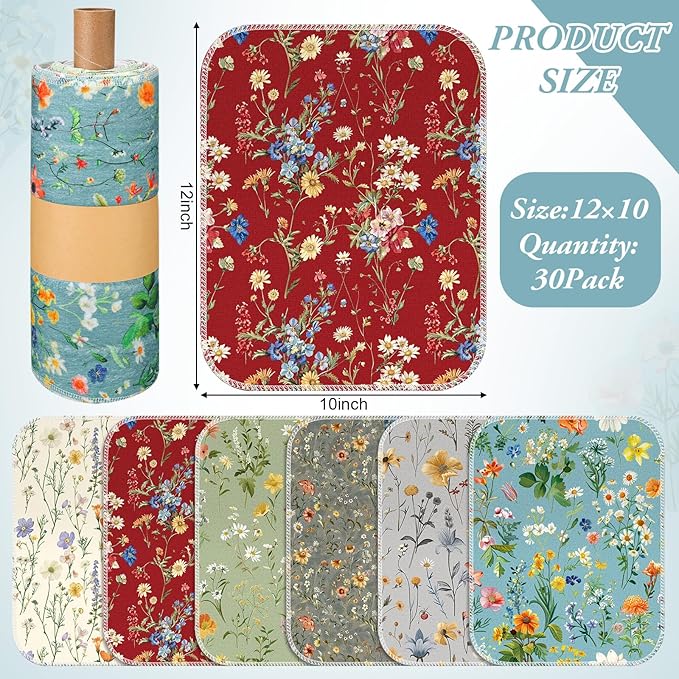 Redbaker 36 Pcs Reusable Paper Towels Rolls Kitchen Towels Bulk Washable Paperless Cloth Cotton Hand Napkins with Cardboard Reusable Napkins for Kitchen Bathroom (Flower Style)