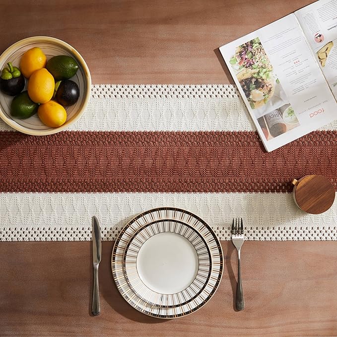 ZeeMart Macrame Style Bicolor Stitching Table Runner, 14 x 90 Inch Terracota/Ivory, Boho Rust Table Runners 90 Inches Long, Farmhouse Woven Home Decor
