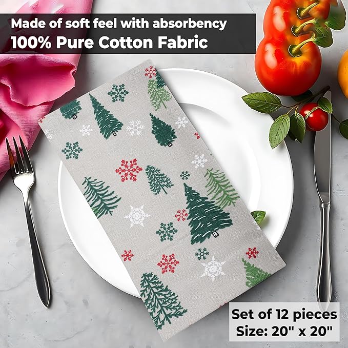 Urban Villa Cloth Napkins Set of 12(20x20)100% Cotton Dinner Napkins Cloth Washable Soft Durable Reusable Absorbent Napkins Ideal for Farmhouse Parties Hotel Lunch Restaurant Dinner Napkins-Green Tree