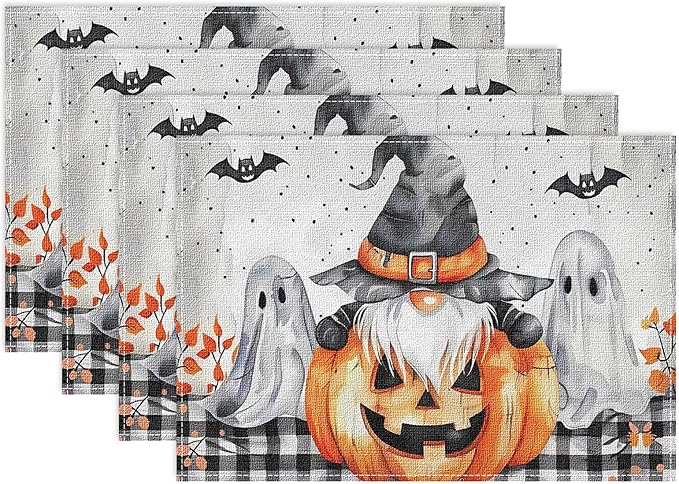 Niviy Buffalo Plaid Bat Ghost Pumpkins Halloween Placemats Set of 4, 12x18 Inch Horror Halloween Table Mats for Holiday Party Kitchen Dining Room Decoration
