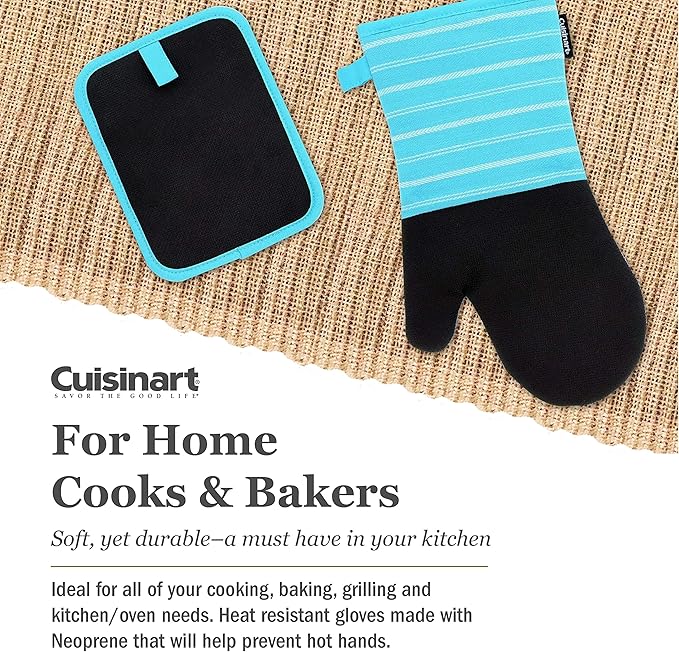 Cuisinart Neoprene Oven Mitts and Potholder Set -Heat Resistant Oven Gloves to Protect Hands and Surfaces with Non-Slip Grip, Hanging Loop-Ideal for Handling Hot Cookware, Twill Stripe Blue Curacao