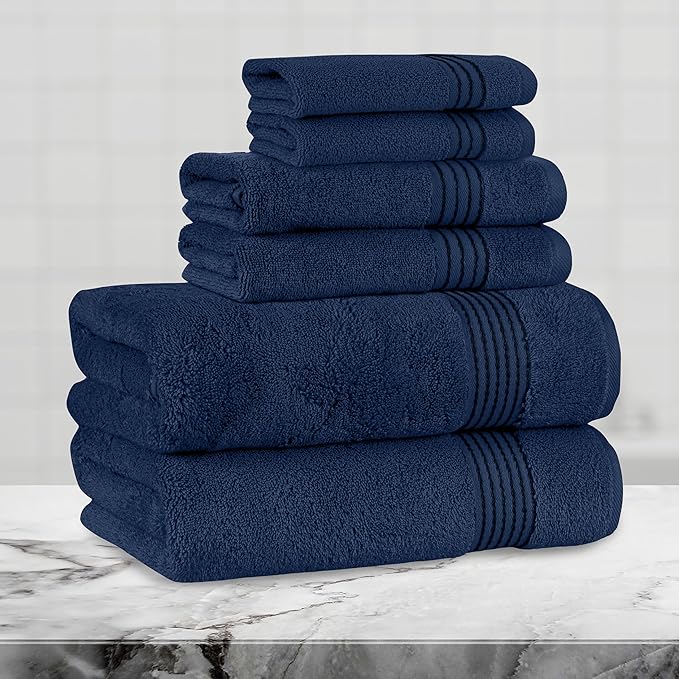 Mocassi Luxury 100% Turkish Cotton 6-Piece Towel Set - Ultra Soft, Quick Dry Highly Absorbent Premium Spa Hotel Quality Bath Towels, Includes 2 Bath Towels, 2 Hand Towels and 2 Washcloths, Navy Blue