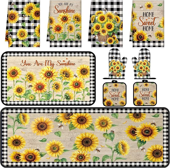 Fourluoo 10 Pcs Sunflower Kitchen Decor Bee Oven Mitts and Pot Holders Set Sunflower Dish Towels Summer Rugs Mats Farmhouse Kitchen Accessories for Chef Baking Cooking Grilling Women Home Retro Gift