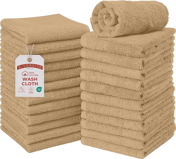 RIVERSIDE Pack of 24 Wash Cloths for Showering, 12 x 12 Inches, Super Soft & Absorbent, 100% Cotton Washcloths Premium Quality Flannel Face Cloths for Bathroom, Gym, Spa (Tan, 24 Pack)