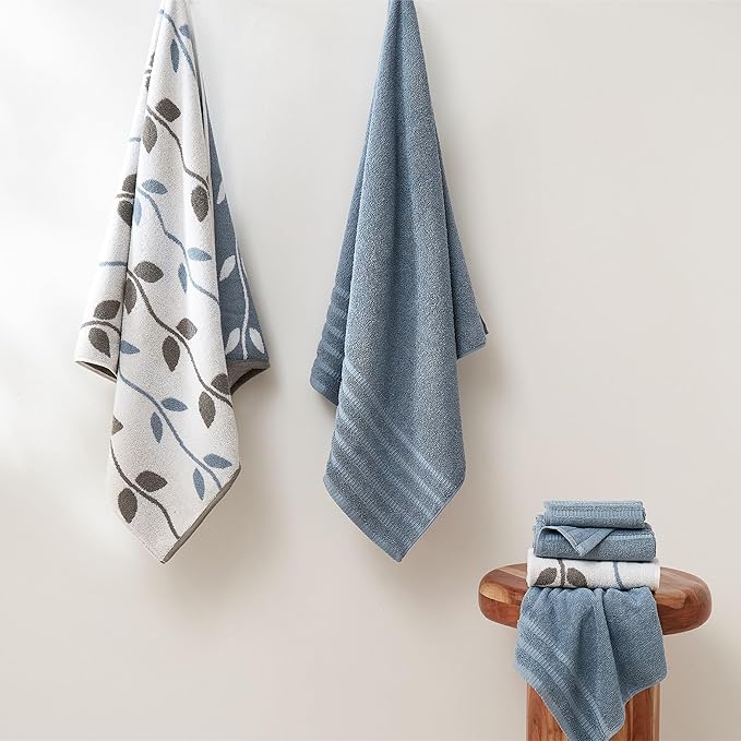 Modern Threads Natural Vine 6-Piece 100% Cotton Towel Set – Yarn Dyed Jacquard – Includes 2 Bath Towels, 2 Hand Towels, 2 Washcloths – Absorbent, Quick Dry, Soft & Durable – Blue