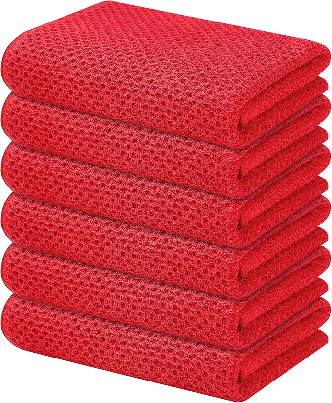 Kitinjoy 100% Cotton Waffle Weave Kitchen Hand Towels (13 X 28 Inches, Red), 6-Pack Super Soft and Absorbent Dish Towel for Drying Dishes