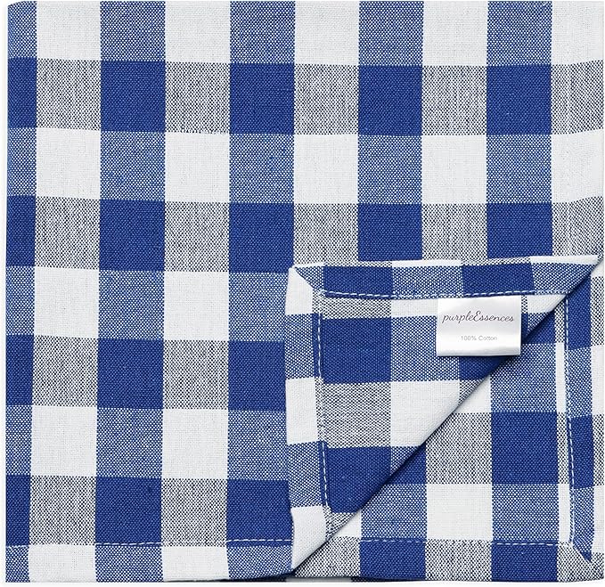 PurpleEssences Buffalo Plaid Cloth Napkins - Mitered Corners - Spring Easter Summer - Gingham Check Dinner Napkin - Set of 12-100% Cotton - 18x18 Inch - Reusable Washable - Blue and White