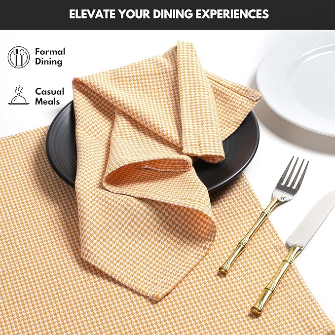 Napkin 100% Cotton Cloth Napkin Decorative Washable Houndstooth Check Napkins Set of 12 for Home, Kitchen, Dining, Cocktail Parties & Camping - Mustard Yellow (18”X18”)