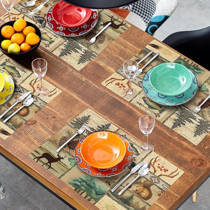 Cabin Placemats Set of 4 - Forest Bear Moose Place Mats Set of 4 Pine Tree Wild Animal Art Kitchen Dining Table Mat for Indoor Outdoor Decorations 12 x 18 Inch