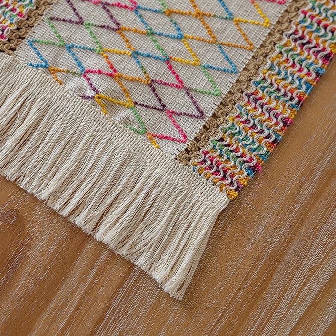 Keketoarrange Boho Spring Table Runner Colorful for Home Decorations 12x72 Inches Farmhouse Small Macrame Woven Burlap Rustic Coffee Dresser Table Runner Dining Kitchen Centerpiece Bohemian Decor