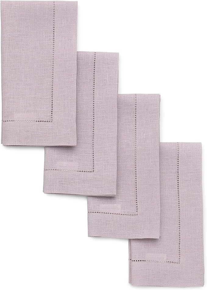 Solino Home Linen Napkins Set of 4 - Classic Hemstitch 100% Pure Linen Lilac Dinner Napkins Cloth 20 x 20 Inch for Mothers Day, Spring, Summer - Handcrafted and Machine Washable