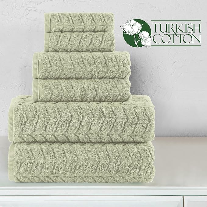 Elegant Comfort Luxury 6-Piece 100% Turkish Cotton Jacquard Braided Textured Premium Hotel Quality Towel Set– Soft and Absorbent, Includes 2 Bath Towels, 2 Hand Towels and 2 Washcloths, Jade Green