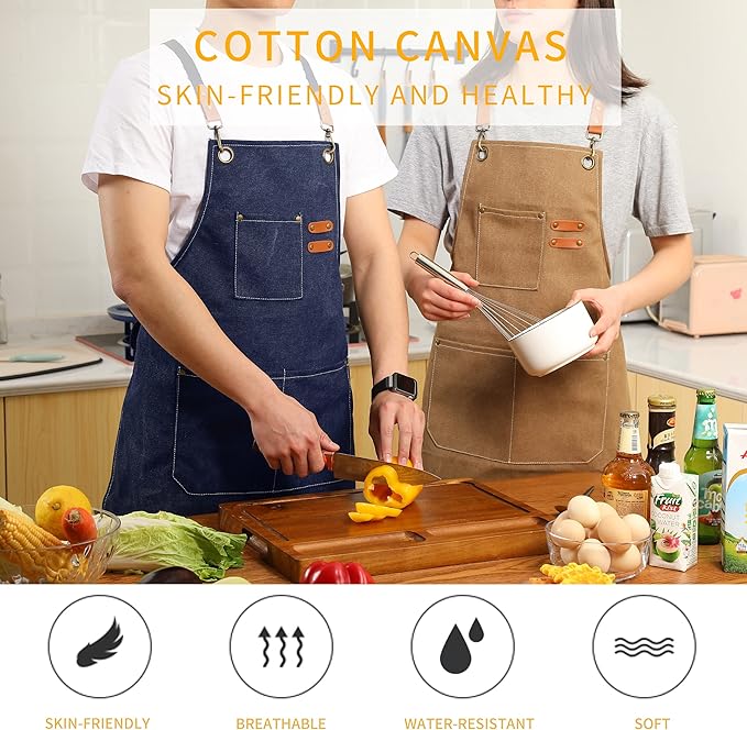 Tosewever 2 Pack Canvas Cross Back Chef Apron for Men Women with Pockets, Cotton Tool Aprons for Cooking Kitchen BBQ Artist