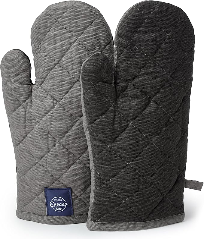 Encasa XO Heat Resistant Cotton Oven Gloves Mitts (2 Pc Set) - Quilted & Safe 12x6.6 in - for Kitchen, Cooking & Baking, Grilling, Handling Hot Pots & Pans - Grey