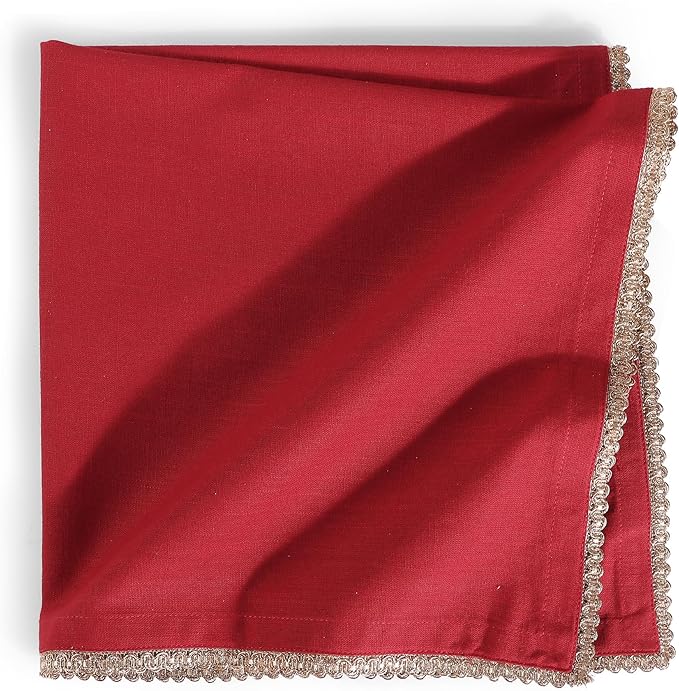 FINGERCRAFT Dinner Cloth Napkin Cotton Blend 12 Pack Mitered Corners with Elegant Golden Lace for Everyday Use Napkins are Pre Shrunk and Good Absorbency Wedding Christmas Special Color Tango Red