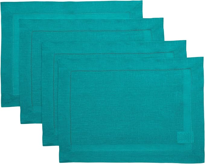 Solino Home Linen Placemats Set of 4 - Classic Hemstitch Teal Placemats 14 x 19 Inch - 100% Pure Linen Table Mats for Mothers Day