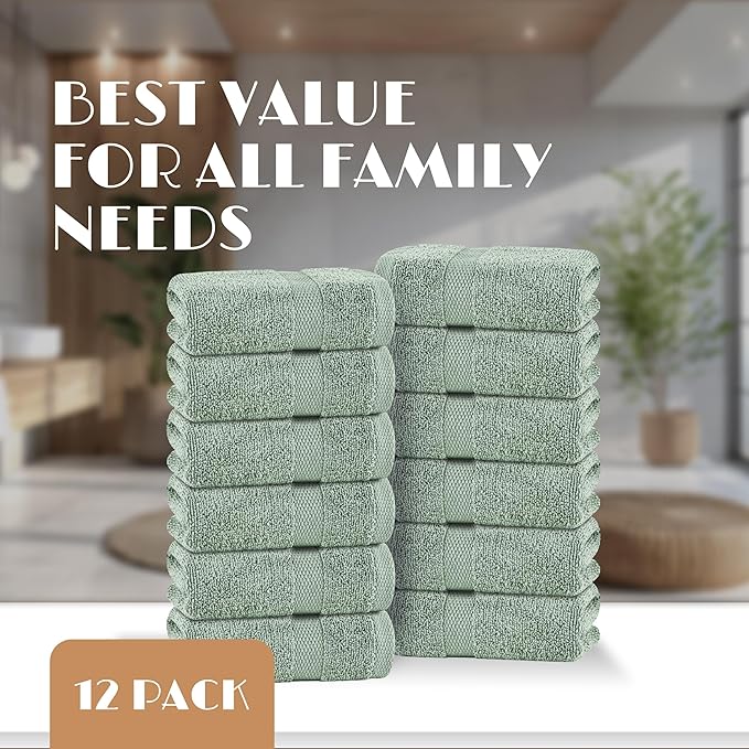 White Classic Green Washcloths Set for Body and Face Towel, Cotton Wash Cloths Bulk 12 Pack, Spa Fingertip Wash Clothes 12x12 Inch, Soft Absorbent Gym Towels
