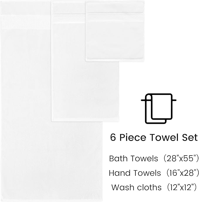 Simple&Opulence Premium 100% Cotton Towel Set 6 Piece，Soft Absorbent Towels for Bathroom,Hotel and Spa,2 Bath Towels 28"x55" 2 Hand Towels 16"x28" & 2 Washcloths 12"x12" (White)