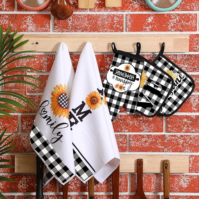 5 Pieces Buffalo Plaid Kitchen Towels Oven Mitts and Pot Holder Set Black and White Kitchen Towels Oven Gloves, Hot Pads Pot Holders for Farm House Accessories Decor(Sunflower)