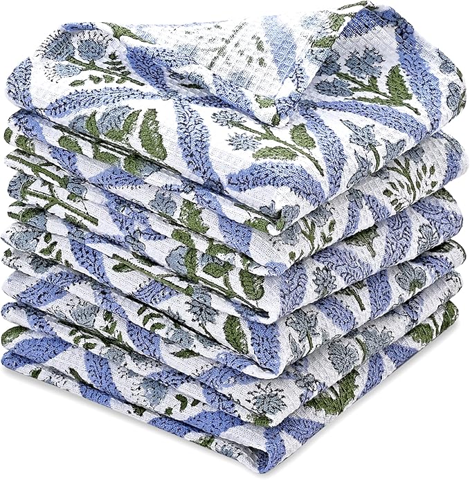 Ridhi Light Steel Blue Hand Block Print Cotton Waffle Dish Cloth Set of 12-12x12 Inch Super Absorbent, Soft, Reusable Kitchen Towels for Dish Drying Cleaning, Ideal for for Spring, Easter, Valentine