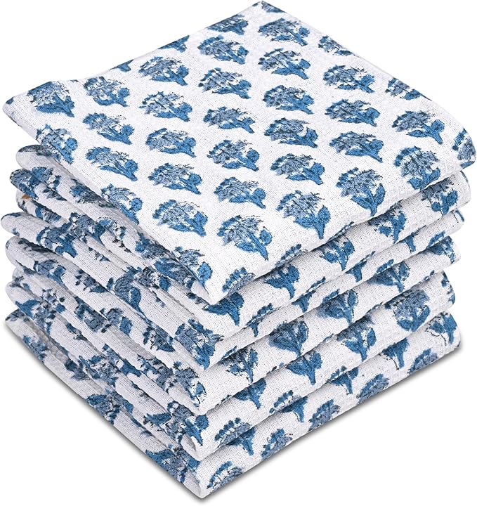 CPC Apatite Blue Hand Block Printed Cotton Waffle Dish Cloth Set of 6-12x12 Inch Super Absorbent, Soft, Reusable Kitchen Towels for Dish Drying & Cleaning Ideal for Spring, Mother's Day