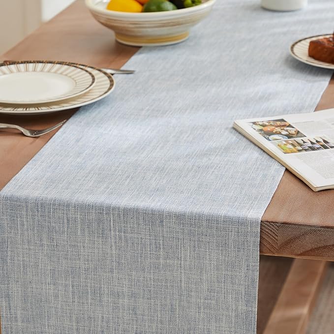 ZeeMart Rustic Cotton Linen Table Runner, 13x36 Inches Blue, Farmhouse Style Dusty Blue Table Runners 36 Inches Long, Washable Kitchen Dining Table Decoration for Home Party Decor