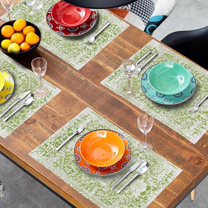 Gray Lime Green Boho Placemats Set of 4 Ethnic Bohemian Carpet Place Mats Washable Kitchen Dining Vintage Grey Geography Floral Linen Table Mats Stain Heat-Resistant for Home Party Indoor 12x18 in