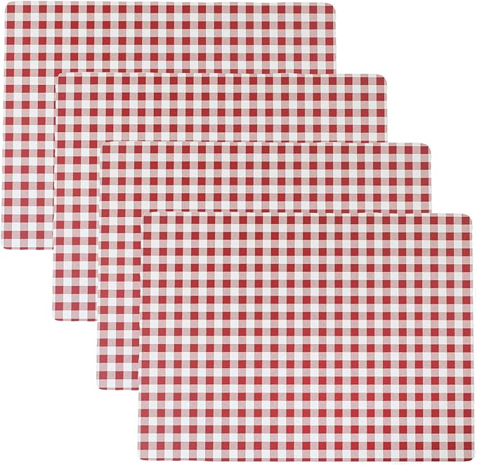 Benson Mills Cork Placemats Set of 4, Thick Cork Place Mats for Kitchen and Dining Tables, Easy Clean Table Mats (12" x 16" Rectangular Set of 4, Gingham Check Red)