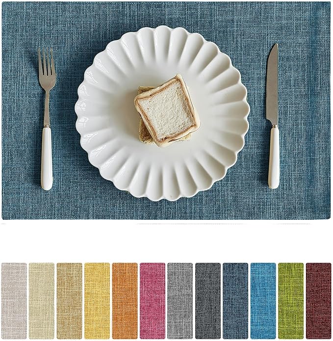 Softalker Faux Linen Placemats Set of 12-12 x 18 Inch, Heat Resistant Double Layered Durable Burlap Farmhouse Place Mats, Non-Slip Washable Rustic Table Mats for Dining, Kitchen, Party（Teal