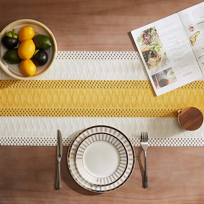 ZeeMart Macrame Style Bicolor Stitching Table Runner, 14 x 60 Inch Mustard/Ivory, Boho Yellow Table Runners 60 Inches Long, Farmhouse Woven Home Decor