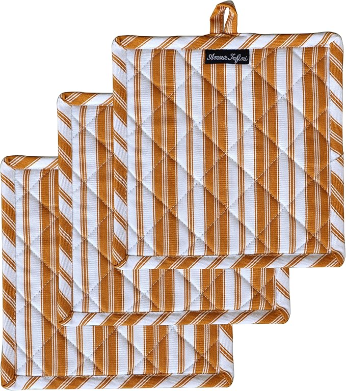 AMOUR INFINI Double Stripe Pot Holders Heat Resistant Cotton Set of 3 Nonslip 8"x8" Inch Hot Pads for Kitchen, BBQ, Baking & Cooking with Hanging Loops (Yellow)