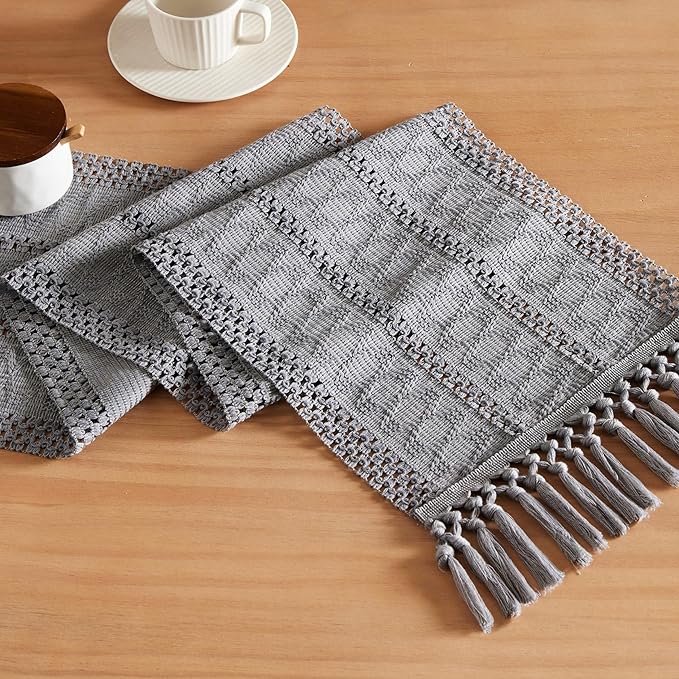 ZeeMart Macrame Style Boho Table Runner, Blue Grey Table Runners 48 Inches Long, Farmhouse Woven Home Decor, 12x48 Inch, Light Blue Grey