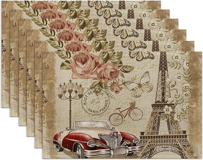 Eiffel Tower in Paris Placemats Set of 6,Washable Heat Resistant 12×18 Inch Linen Table Mats Vintage Place Mats for Party Outdoor Dining Décor