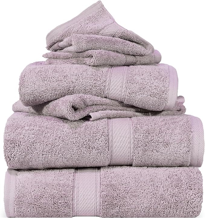 SUPERIOR Egyptian Cotton Pile 6 Piece Towel Set, Includes 2 Bath, 2 Hand, 2 Face Towels/Washcloths, Ultra Soft Luxury Towels, Thick Plush Essentials, Guest Bath, Spa, Hotel Bathroom, Purple