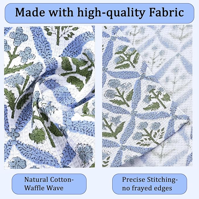 Ridhi Light Steel Blue Hand Block Print Cotton Waffle Dish Cloth Set of 12-12x12 Inch Super Absorbent, Soft, Reusable Kitchen Towels for Dish Drying Cleaning, Ideal for for Spring, Easter, Valentine
