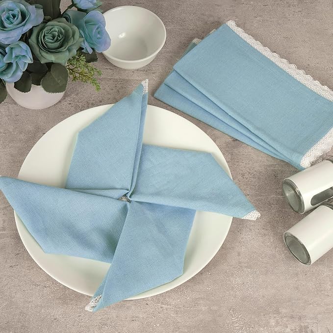 FINGERCRAFT Dinner Cloth Napkin Cotton Linen Blend 4 Pack Mitered Corners with Elegant Lace for Everyday Use Napkins are Pre Shrunk and Good Absorbency Sky Blue Easter Color